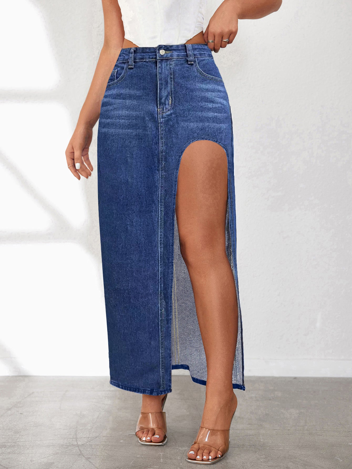 Skirt-D814 denim de rendija alta | Inspanda