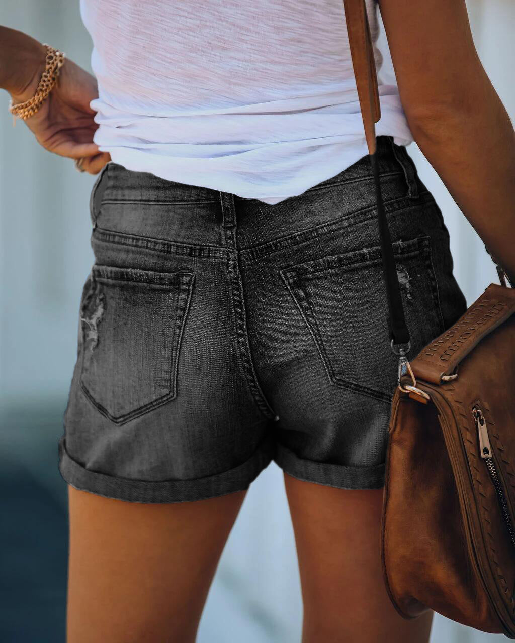 Ripped hem  denim shorts-D133 | Inspanda