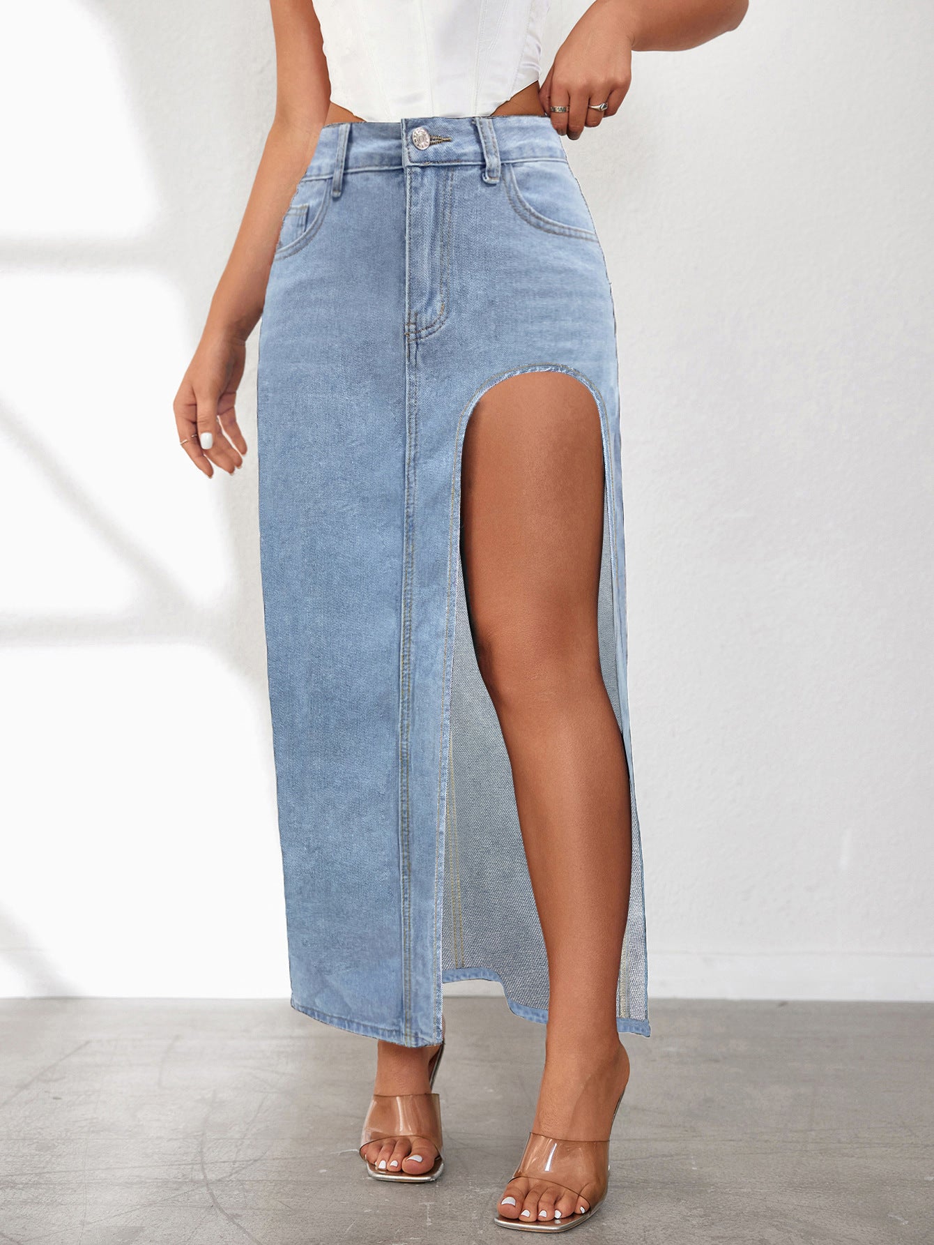 Skirt-D814 denim de rendija alta | Inspanda